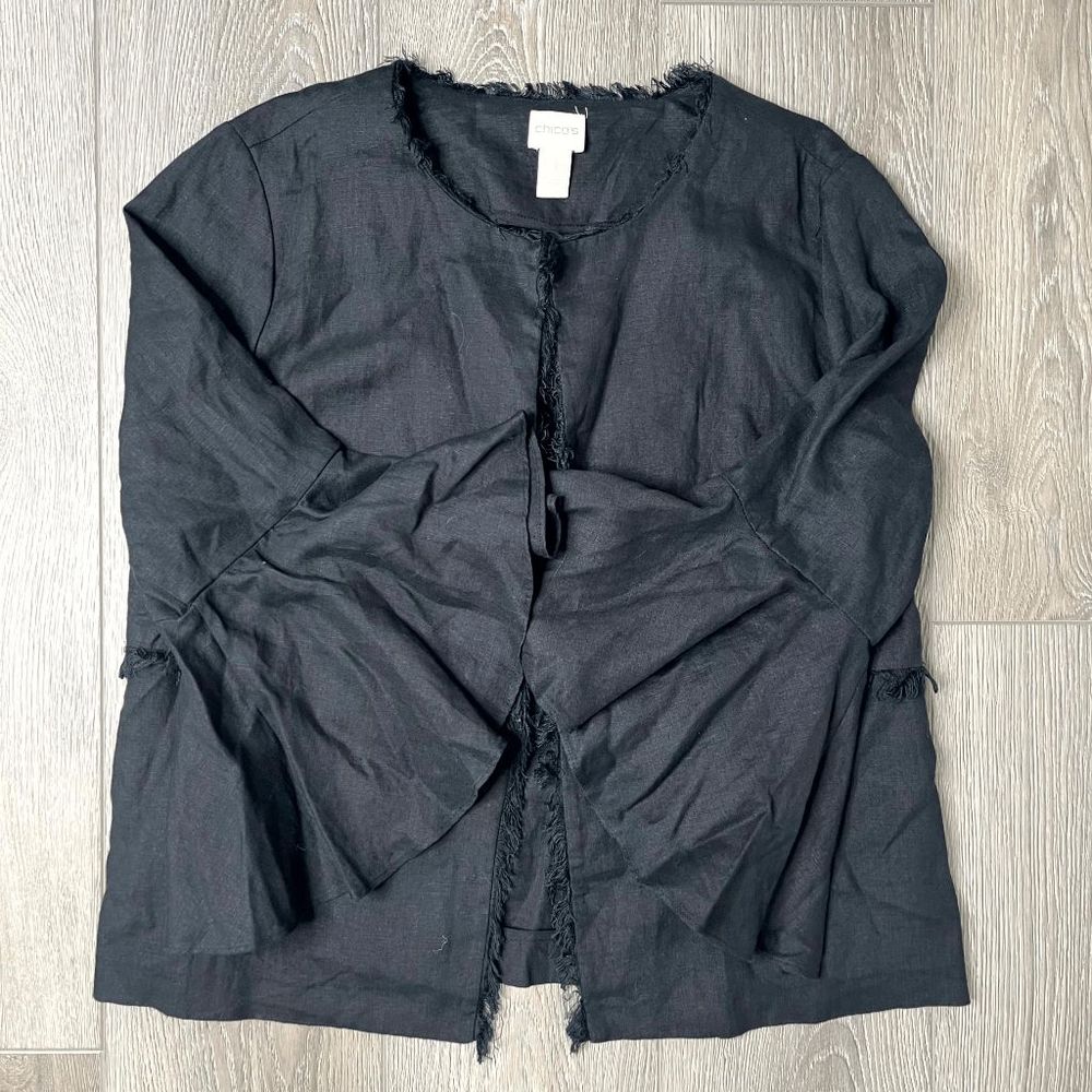 Chico's 100% Linen Open Lightweight jacket Frayed Black Size 1 Medium